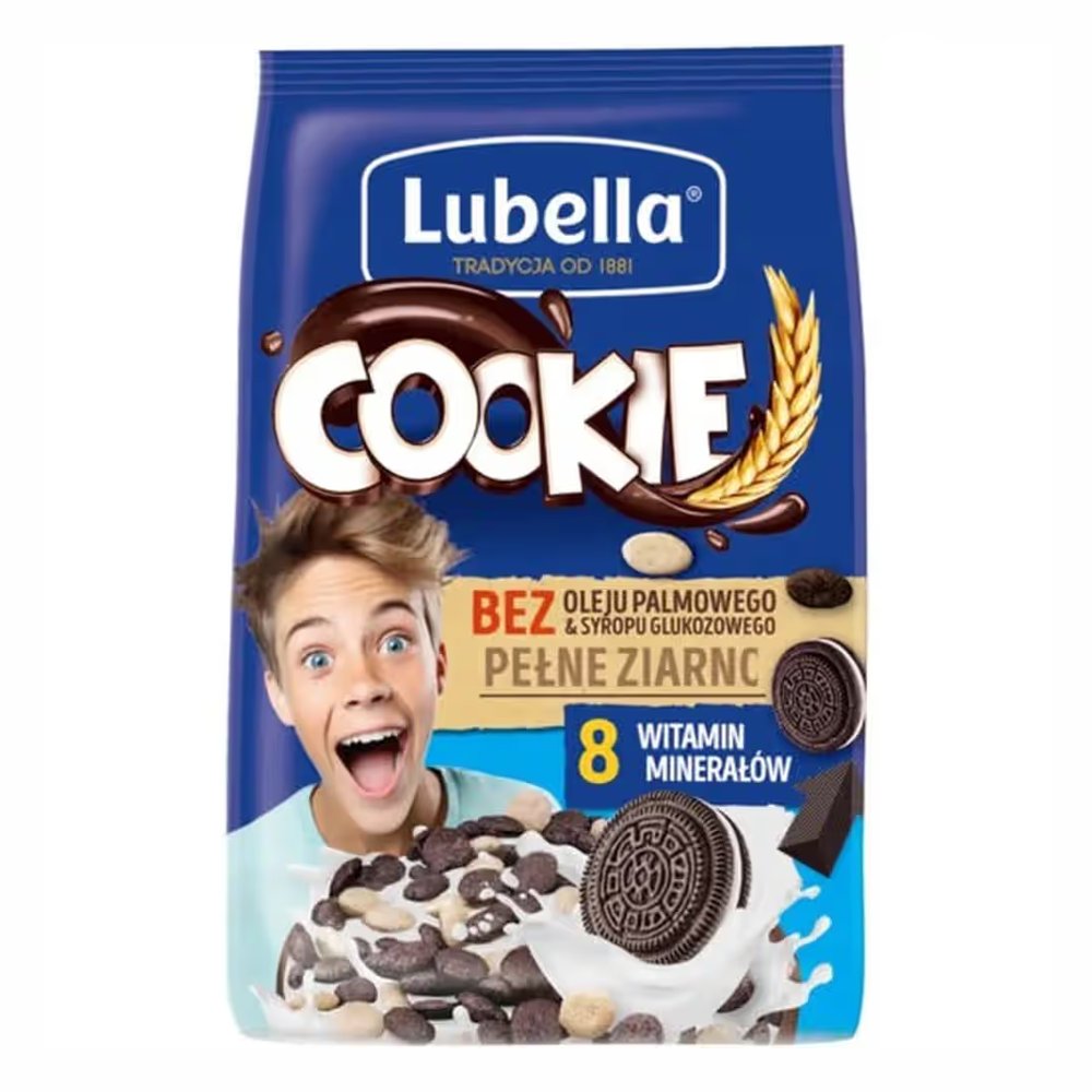 Lubella Cookie Zbożowe płatki w kształcie ciasteczek o smaku czekoladowym i waniliowym 400 g